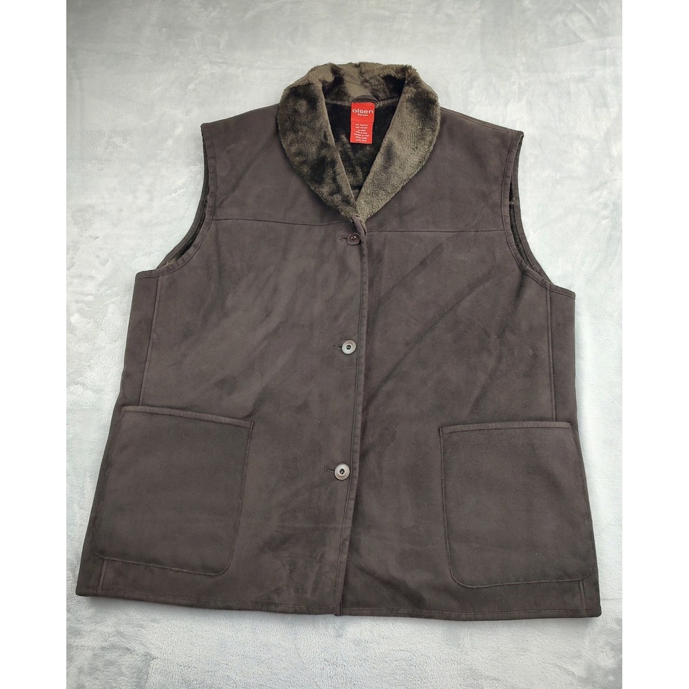 Olsen Europe Women's Brown Faux Suede Fur Lined Vest Coat Button Front Pockets M